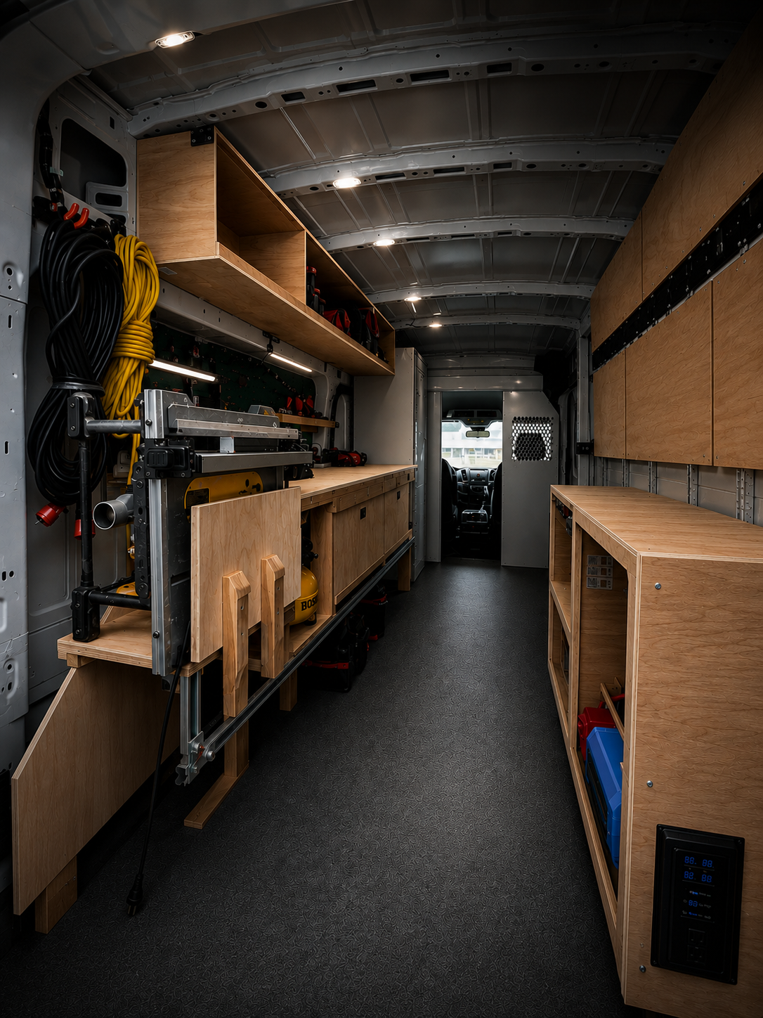 Custom upfitted van interior with shelving, work surfaces, storage and lighting